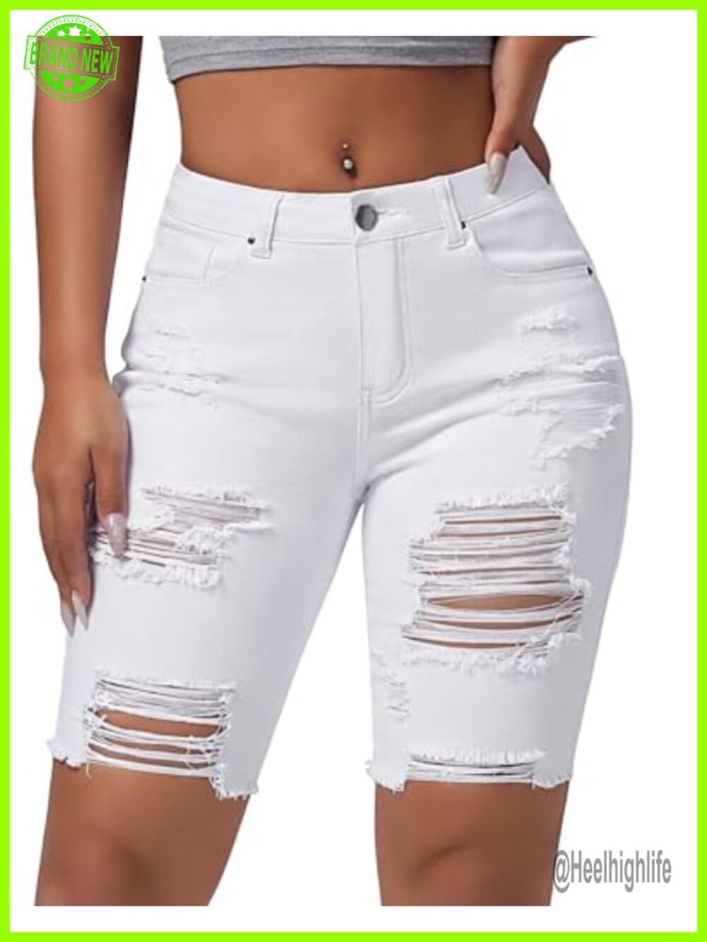 Ripped Bermuda Denim Shorts Stretchy High Waisted Knee Length Jean